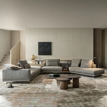 3670 мм Итальянский минималистичный угловой тканевый диван в гостиной с большим плоским полом, дугообразный светлый роскошный современный комбинированный диван
