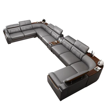 Кожаный диван с верхним слоем из воловьей кожи, высококачественная современная минималистичная домашняя гостиная, кожаная вилла