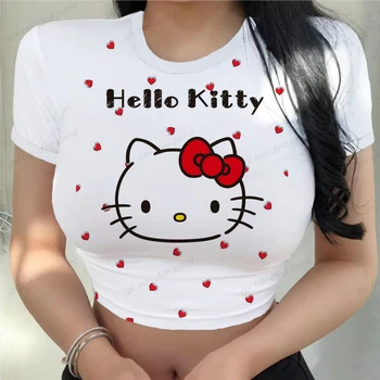 Harajuku, Готические Топы Y2k, футболки с принтом Hello Kitty, Женская Сексуальная футболка, Винтаж 2000-х, укороченная футболка с коротким рукавом, Сказочные топы