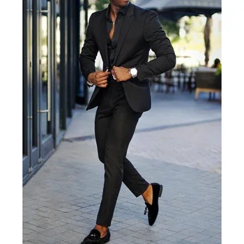 Шикарный Черный мужской костюм из 2 предметов, высококачественный однобортный блейзер с лацканами и брюками, Модный Повседневный Приталенный Свадебный смокинг