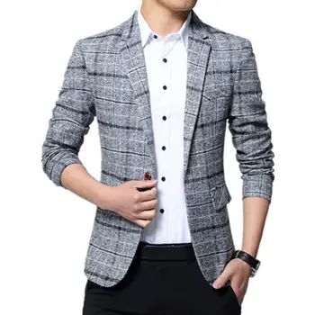 Модный мужской пиджак с одной пуговицей, приталенный блейзер в клетку с лацканами, Приталенный-Бизнес